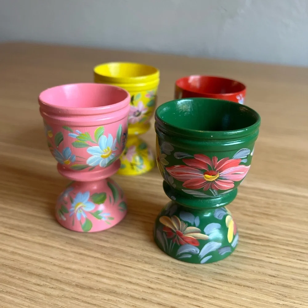 Set of 4 Hand-Painted Wooden Hungarian Farmhouse Egg Cups – Floral Vintage Decor